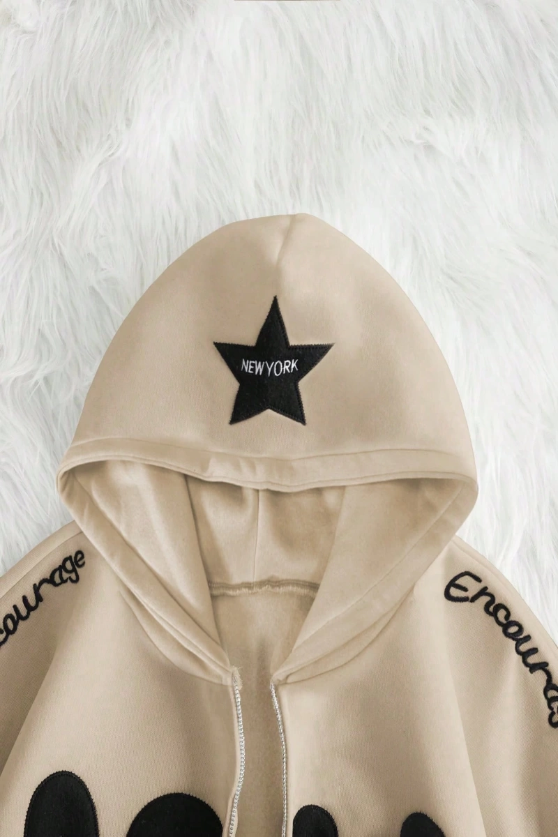 Kadın Sonbahar Ve Kış Mektup Baskılı Fermuarlı Pat Uzun Kollu Kapşonlu Sweatshirt, Uzu Model 5132