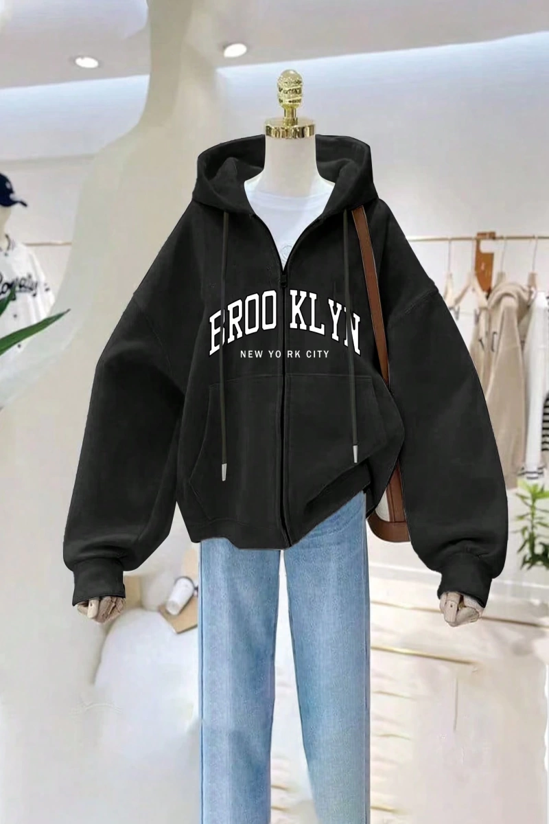 Kadın Sweatshirt Ceket, Sonbahar/Kış, Fermuarlı Kapatma, Termal Astarlı, Amerikan Stili, Logo Model 5136