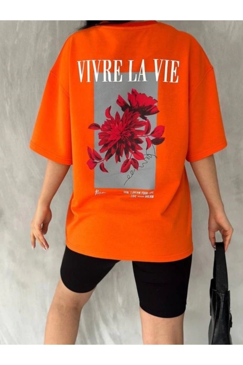 Kadın Turuncu Vivre La Vie Baskılı Oversize Bisiklet Yaka Penye Tişört