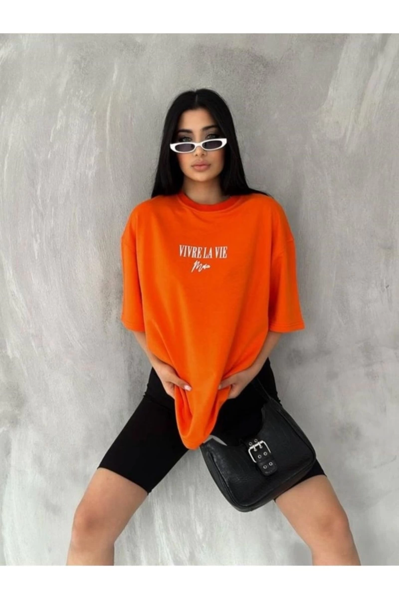 Kadın Turuncu Vivre La Vie Baskılı Oversize Bisiklet Yaka Penye Tişört