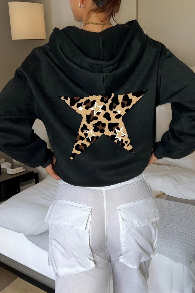 Kadın Uzun Kollu Pentagram Baskılı Basit Kapüşonlu Günlük Sweatshirt Model 5183