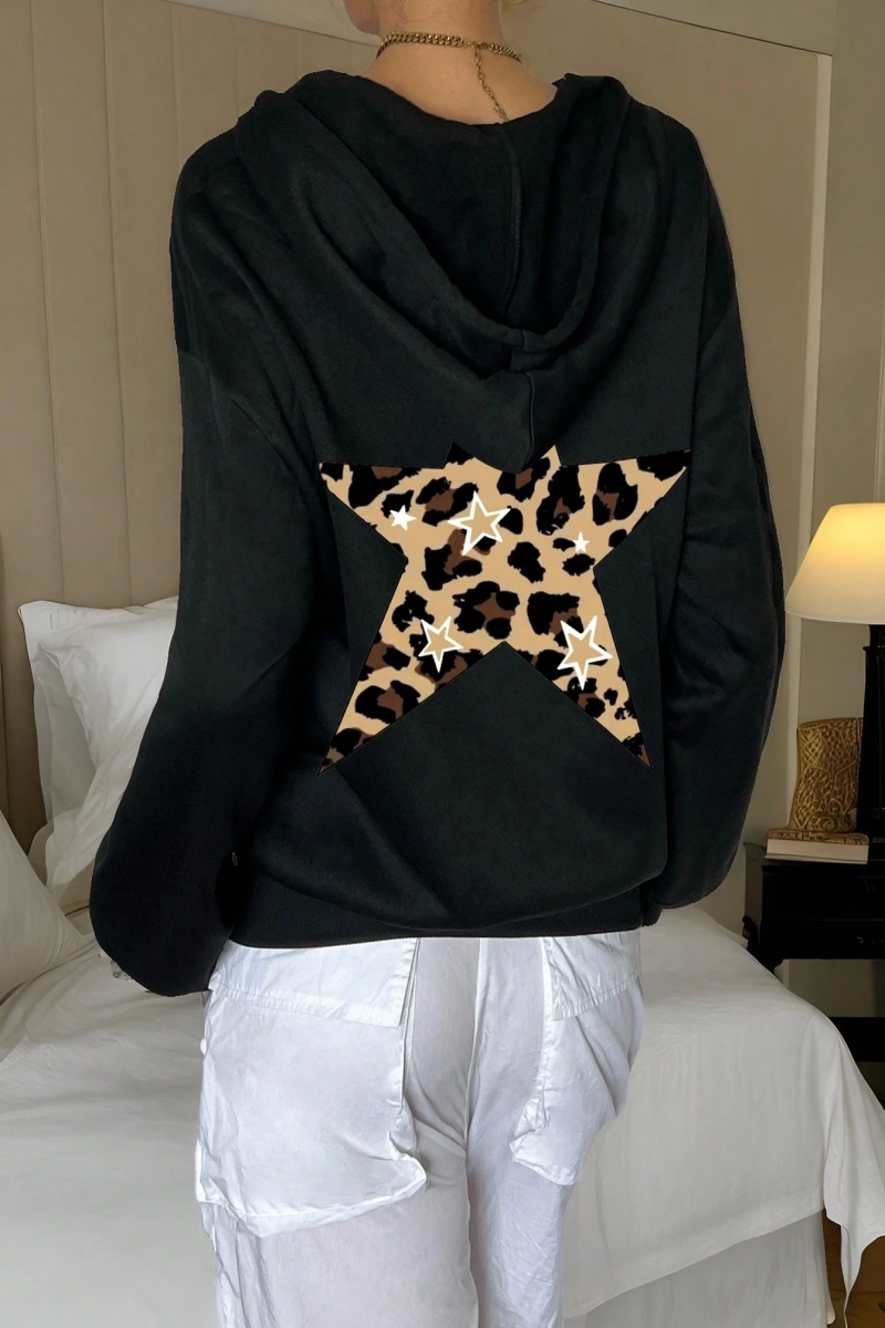 Kadın Uzun Kollu Pentagram Baskılı Basit Kapüşonlu Günlük Sweatshirt Model 5183