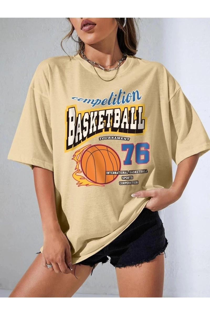 Kadın Vizon Basketball Tournament Baskılı Oversize Tişört