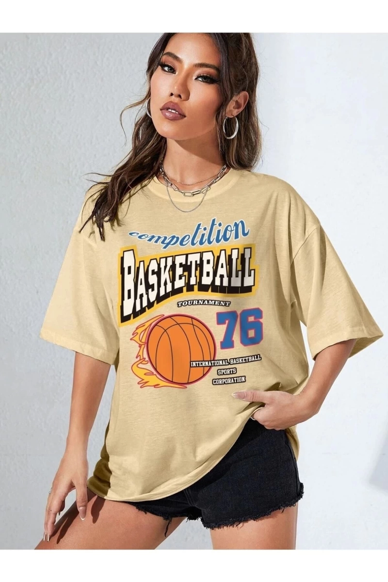 Kadın Vizon Basketball Tournament Baskılı Oversize Tişört