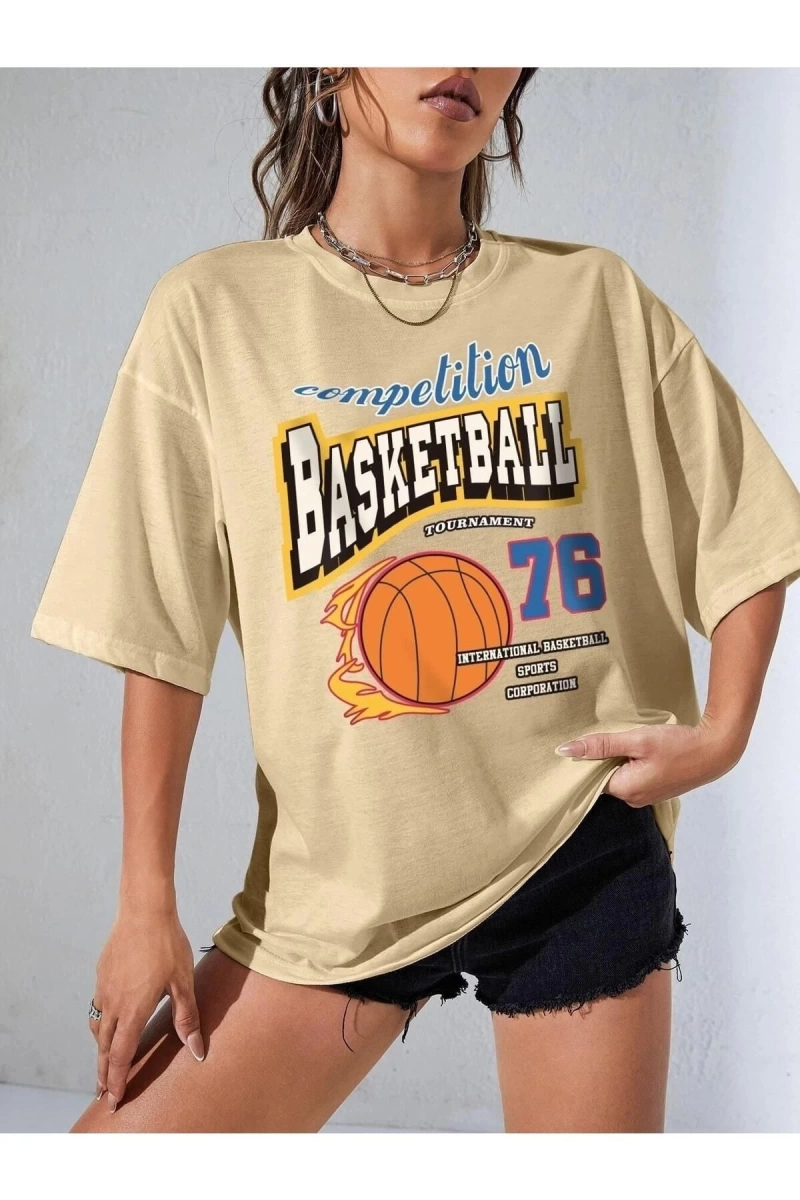 Kadın Vizon Basketball Tournament Baskılı Oversize Tişört