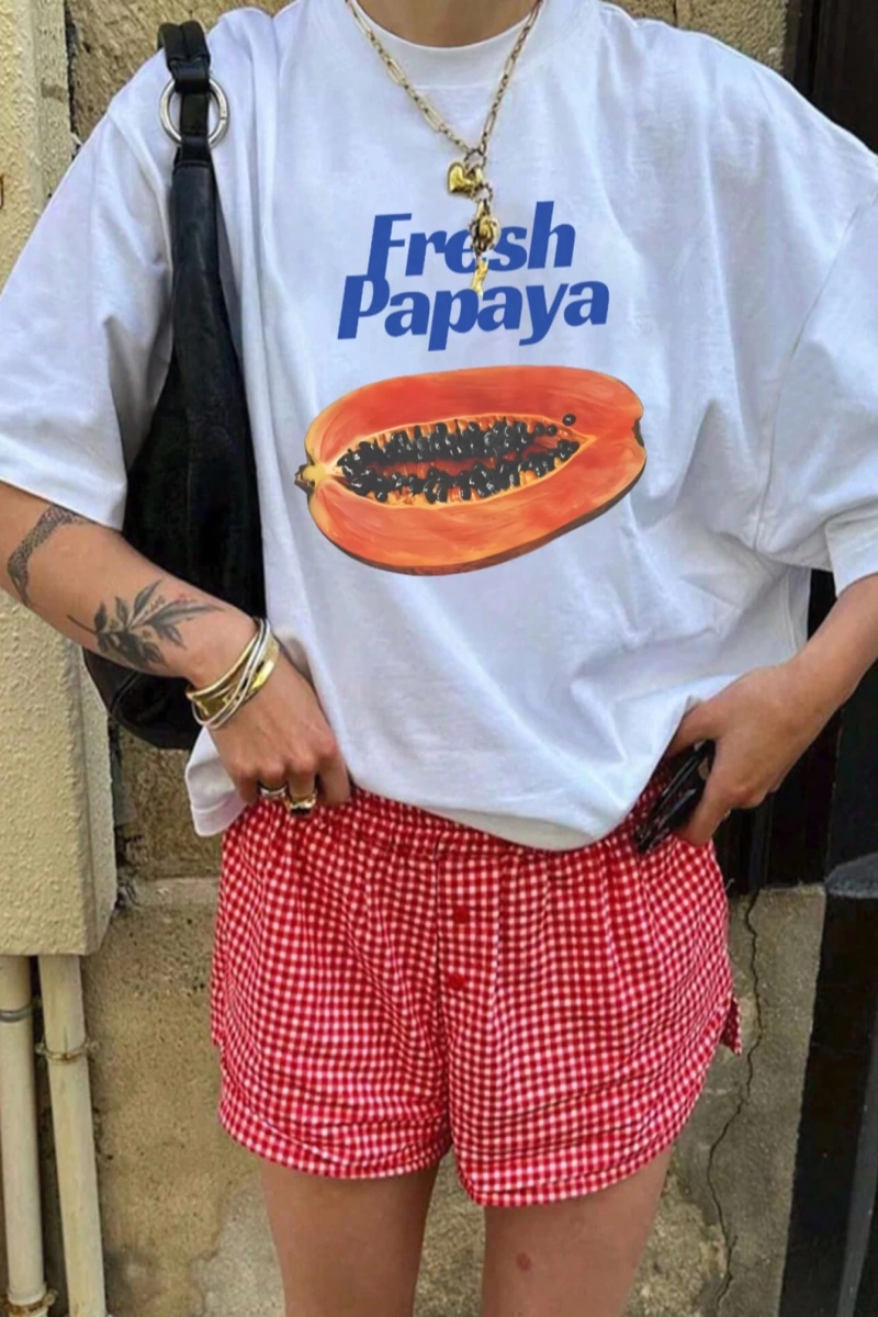 Kadın Y2k Yaz Papaya Mektup Baskılı Yuvarlak Yaka Kısa Kollu Basit Günlük Tişört Üstleri