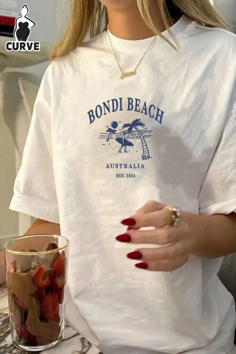Kadın Yaz Büyük Beden Avustralya Bondi Beach Baskılı Yuvarlak Yaka Kısa Kollu Rahat Basit Bol