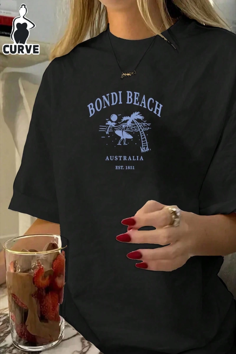 Kadın Yaz Büyük Beden Avustralya Bondi Beach Baskılı Yuvarlak Yaka Kısa Kollu Rahat Basit Bol