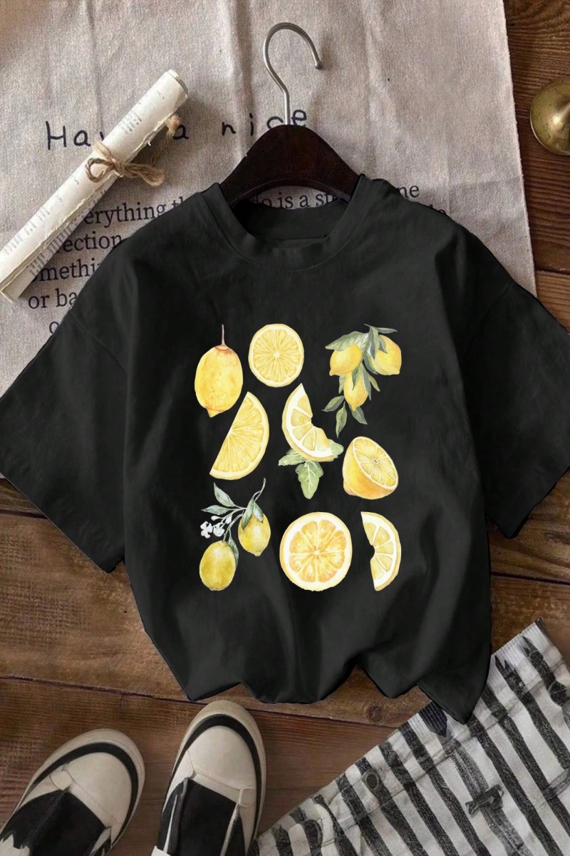 Kadın Yaz Limon Desenli Yuvarlak Yaka Kısa Kollu Basit Günlük Tişört