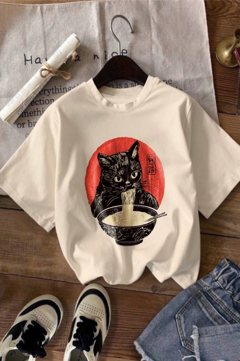 Kadın Yaz Rahat Kişiselleştirilmiş Baskılı Desen Yuvarlak Yaka Tişört Moda ve Çok Yönlü.
