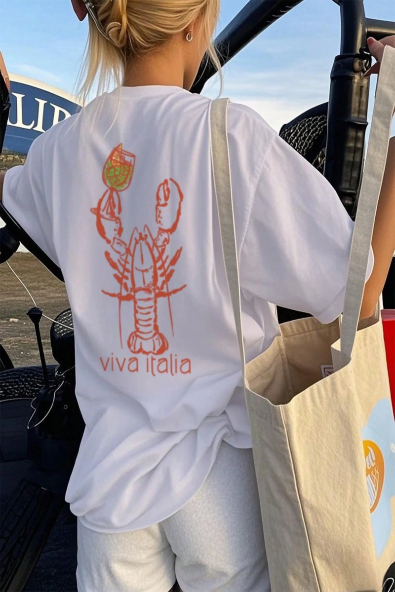 Kadın Yaz Rahat Kişiselleştirilmiş Baskılı Desen Yuvarlak Yaka Tişört Moda ve Çok Yönlü.