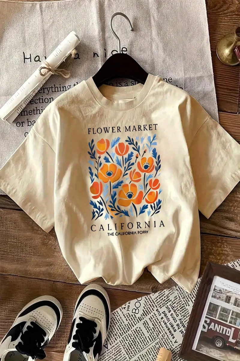 Kadın Yaz Rahat Kişiselleştirilmiş Baskılı Desen Yuvarlak Yaka Tişört Moda ve Çok Yönlü.