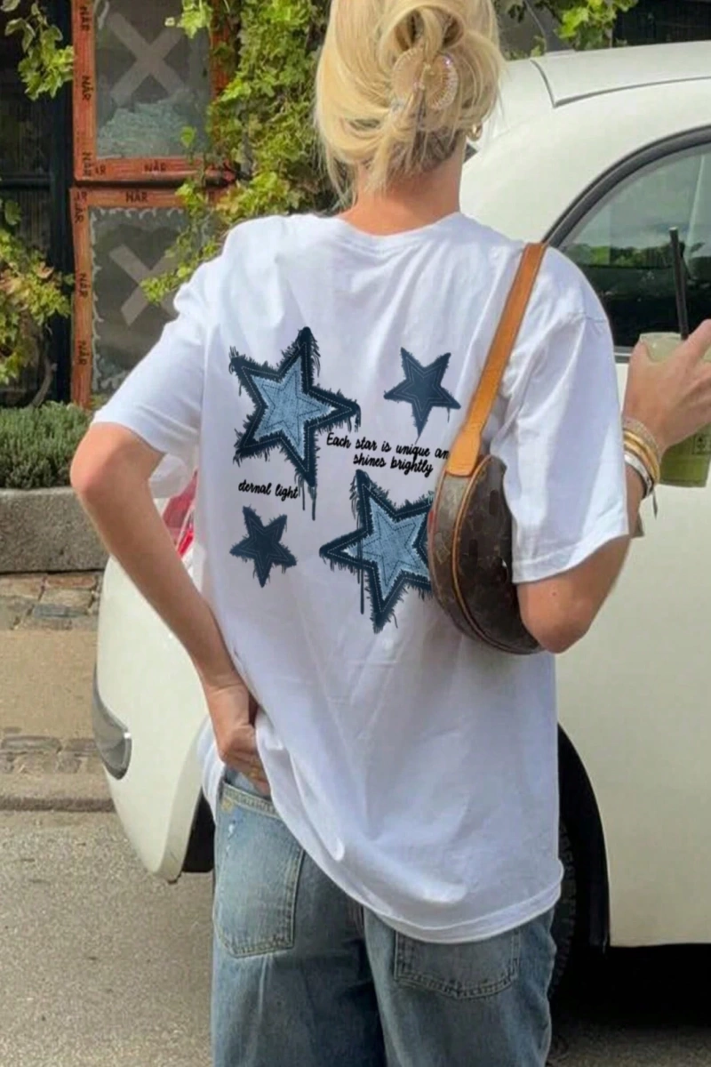 Kadın Yaz Rahat Pentagram Baskılı Yuvarlak Yaka Tişört Günlük Giyim İçin.