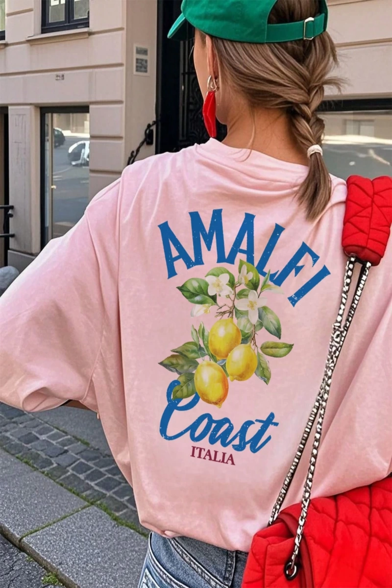 Kadın Yaz Yeni Basit Koyun Ve Slogan Baskılı Günlük Rahat Yuvarlak Yaka Kayısı Kısa Kollu Tiş