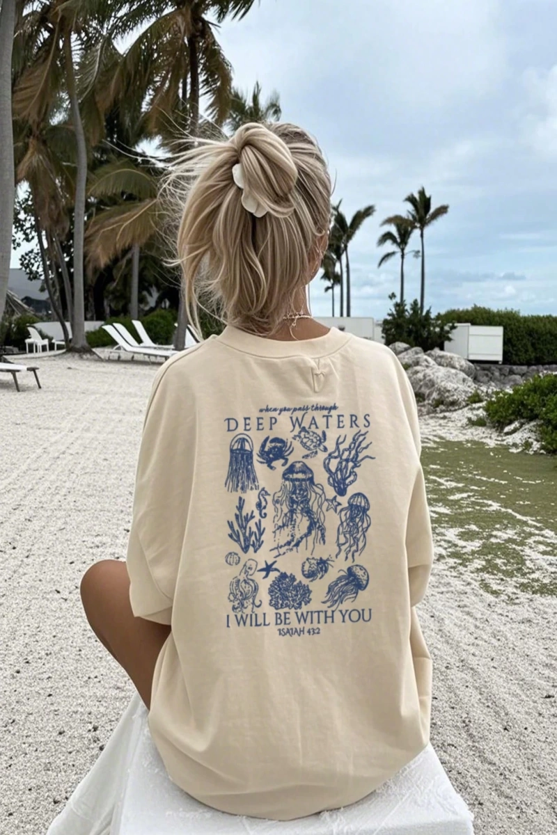 Kadın Yaz Yeni Basit Sevimli Deniz Yaşamı Baskı Rahat Tatil Stili Gevşek Çok Yönlü Yuvarlak Y