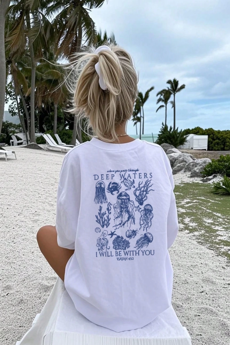 Kadın Yaz Yeni Basit Sevimli Deniz Yaşamı Baskı Rahat Tatil Stili Gevşek Çok Yönlü Yuvarlak Y