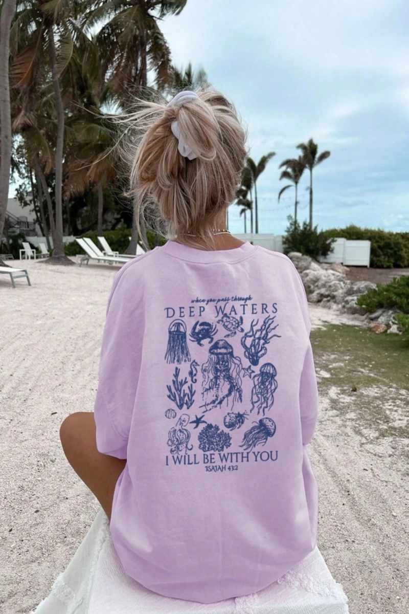 Kadın Yaz Yeni Basit Sevimli Deniz Yaşamı Baskı Rahat Tatil Stili Gevşek Çok Yönlü Yuvarlak Y