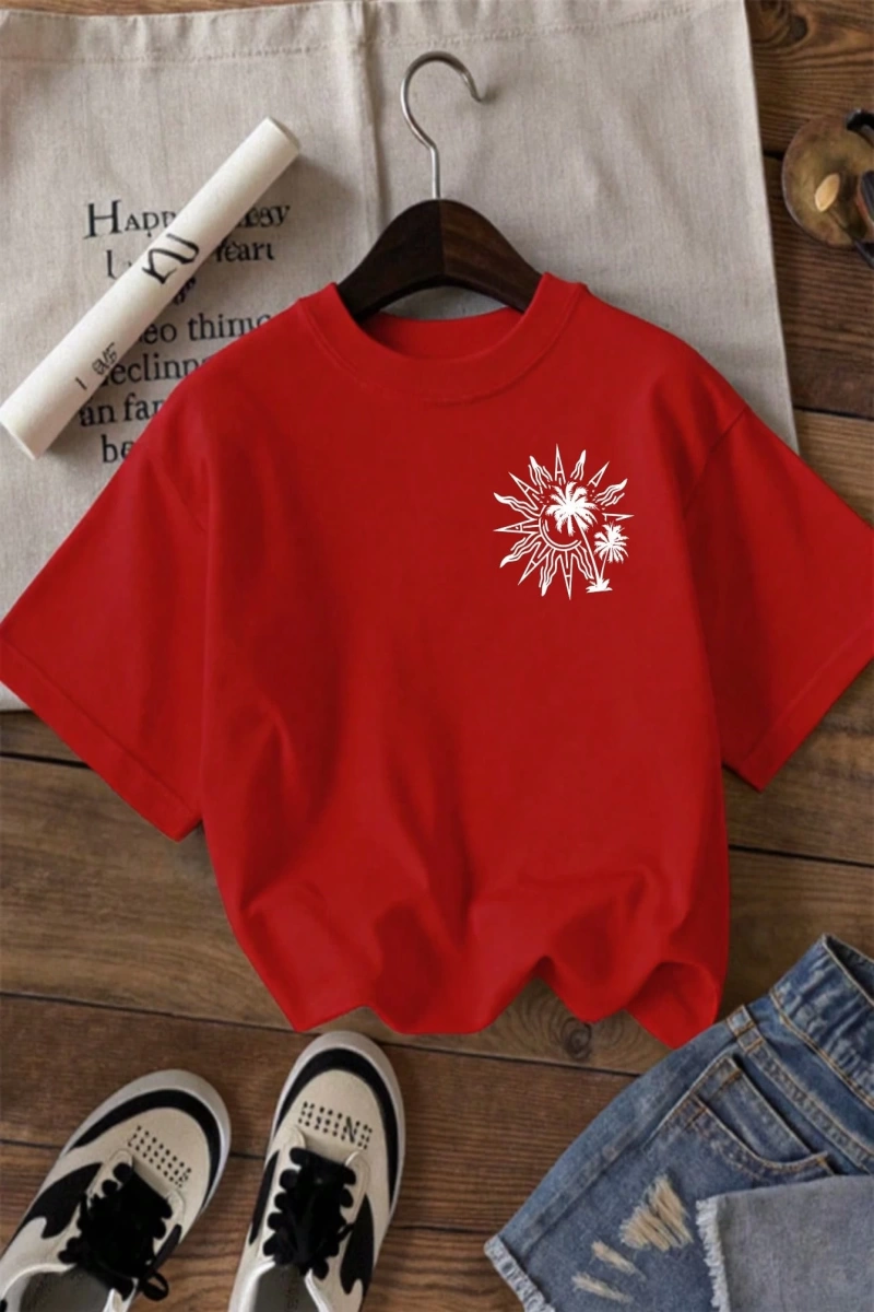 Kadın Yaz Yeni Minimalist Kiraz Ve Slogan Baskılı Rahat Tatil Stili Gevşek Ve Çok Yönlü Yuvar