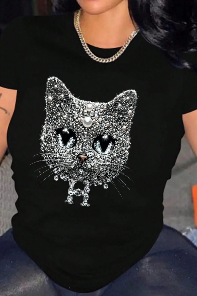 Kadın Yazlık Günlük Tişört Elmas Kedi Desenli ve Yuvarlak Yaka Kısa Kollu