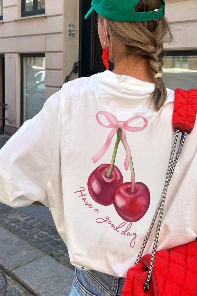 Kadın Yazlık Mektup Kiraz Desenli Yuvarlak Yakalı Tişört Tatil Giyimleri İçin Grafik Tişörtle