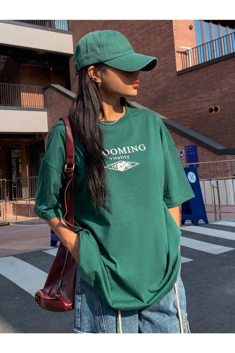 Kadın Yeşil Bloomıng Baskılı Oversize Bisiklet Yaka Tshirt