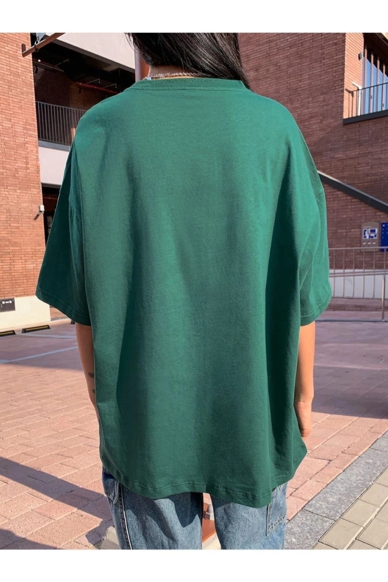 Kadın Yeşil Bloomıng Baskılı Oversize Bisiklet Yaka Tshirt