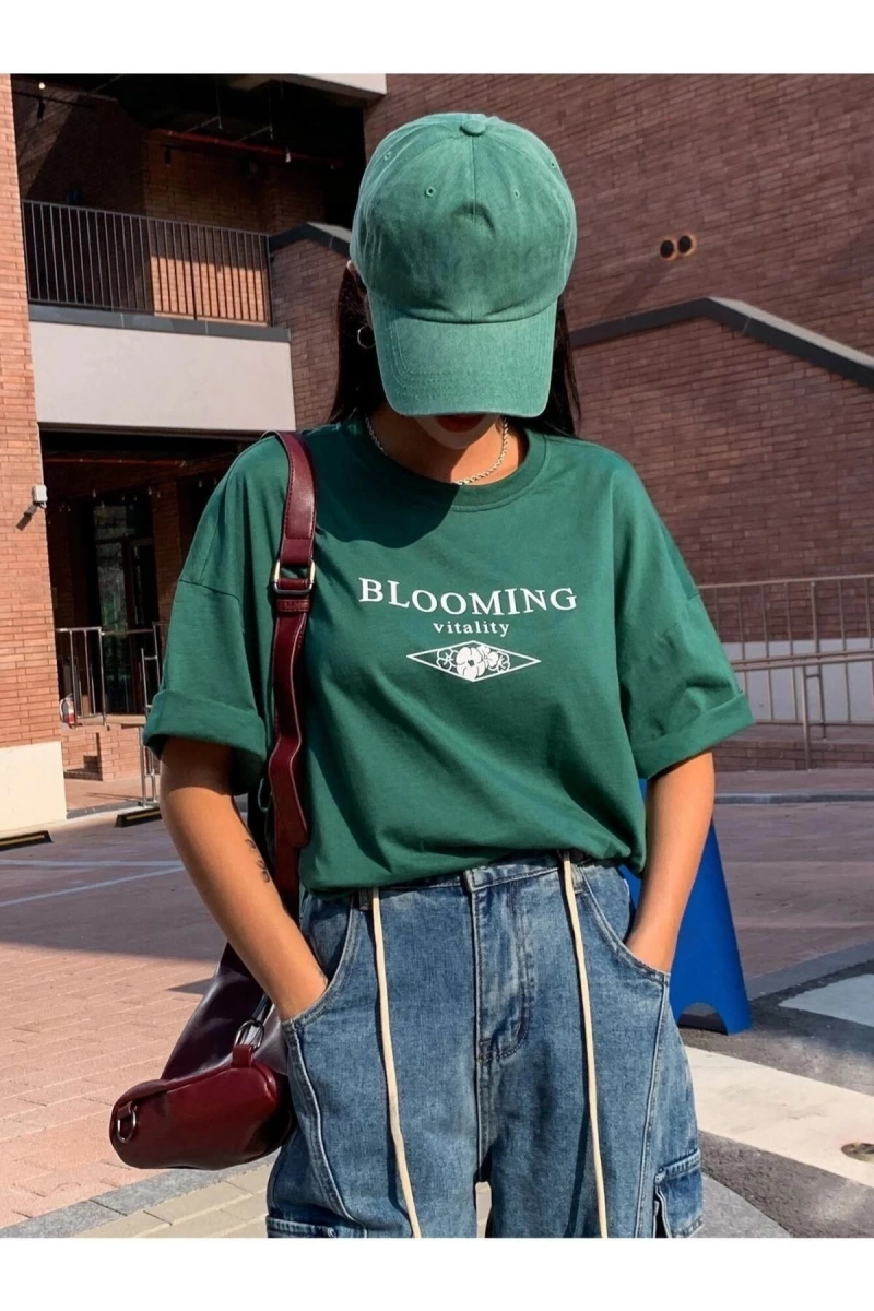 Kadın Yeşil Bloomıng Baskılı Oversize Bisiklet Yaka Tshirt