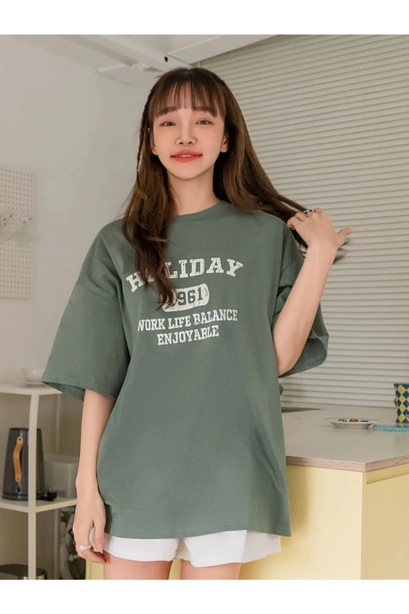 Kadın Yeşil Holıday Baskılı Bisiklet Yaka Tshirt