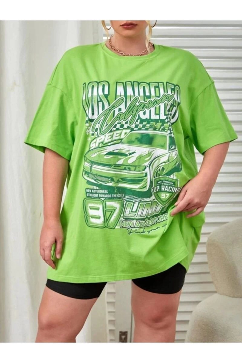 Kadın Yeşil Los Angeles Baskılı Bisiklet Yaka Tshirt