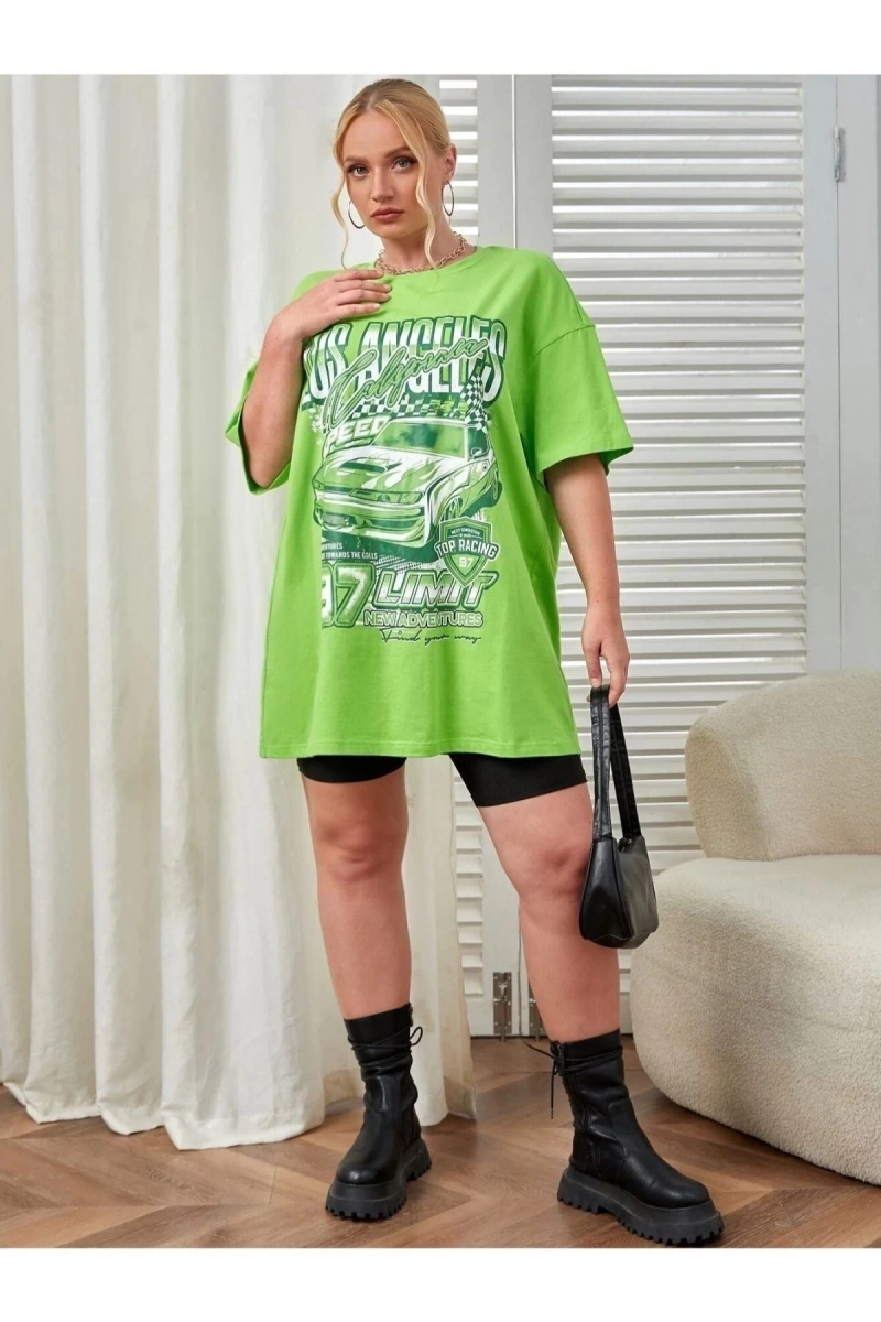 Kadın Yeşil Los Angeles Baskılı Bisiklet Yaka Tshirt