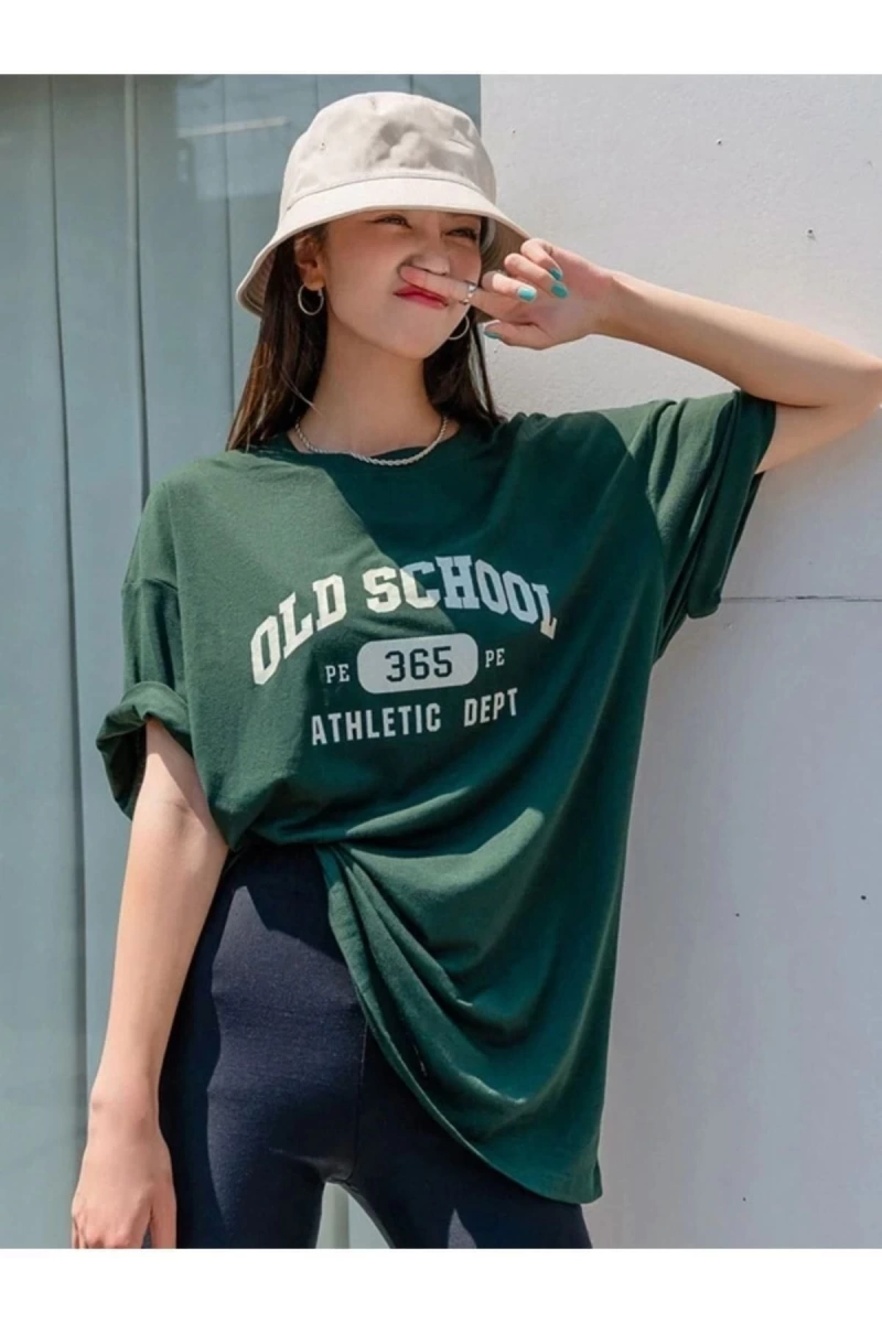 Kadın Yeşil School Baskılı Bisiklet Yaka Tshirt