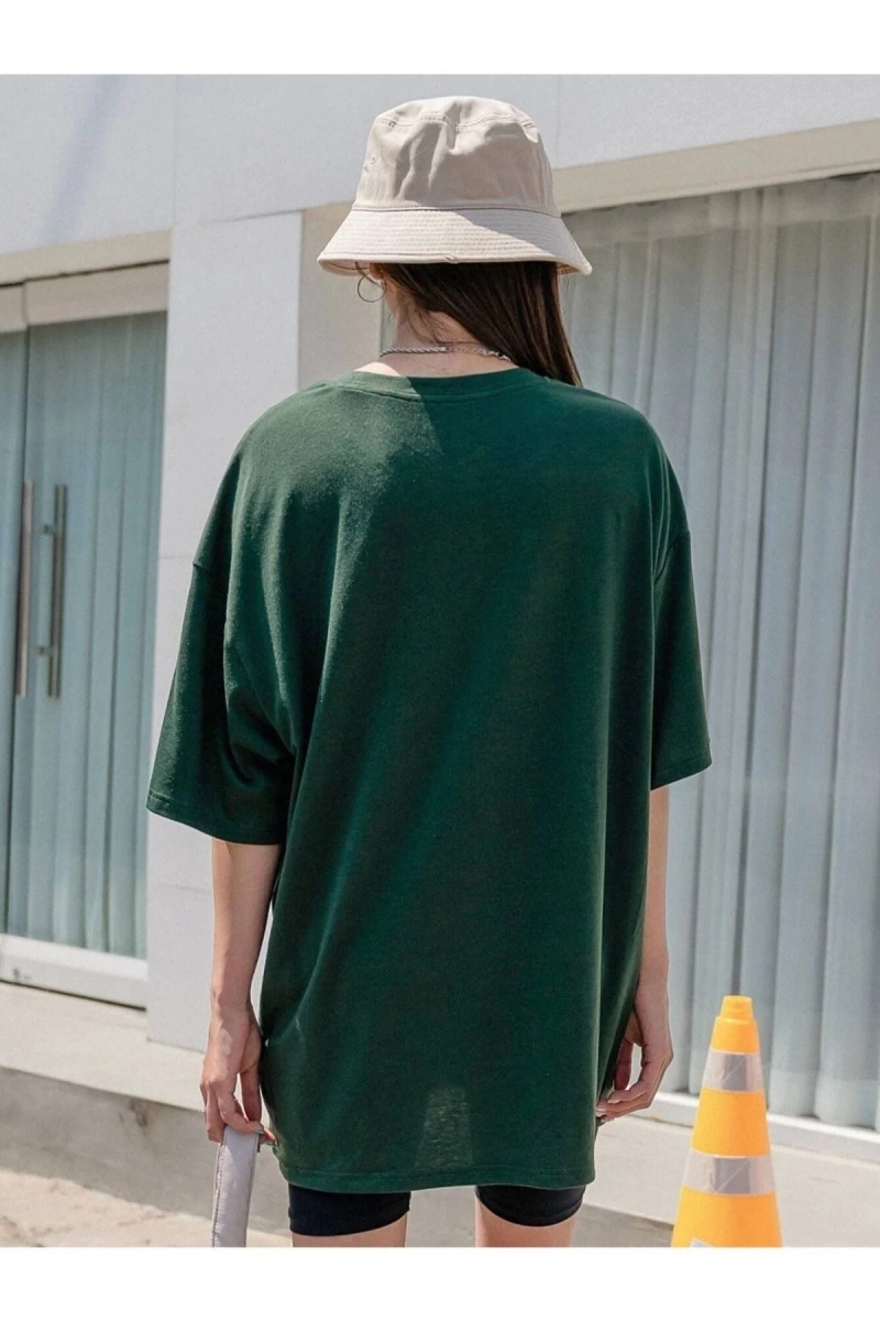 Kadın Yeşil School Baskılı Bisiklet Yaka Tshirt