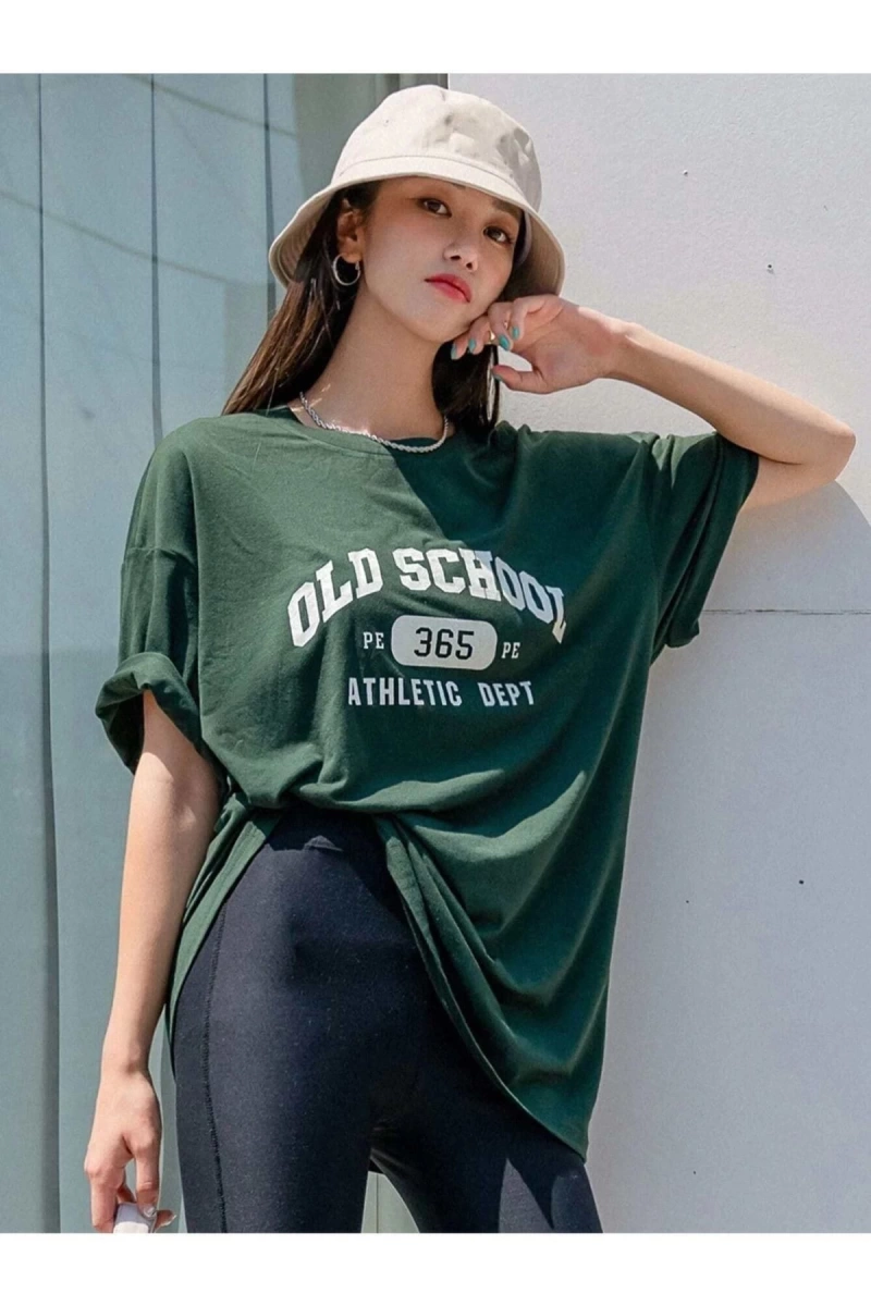 Kadın Yeşil School Baskılı Bisiklet Yaka Tshirt