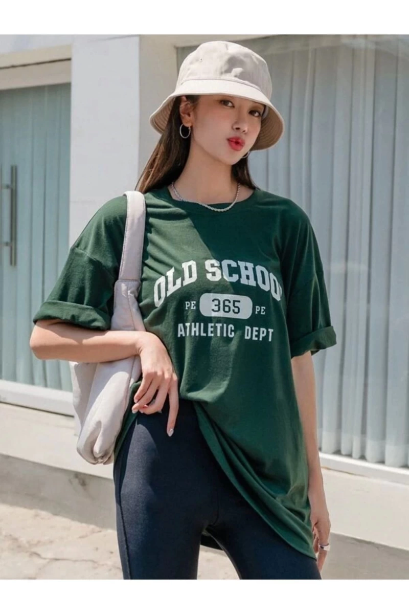 Kadın Yeşil School Baskılı Bisiklet Yaka Tshirt