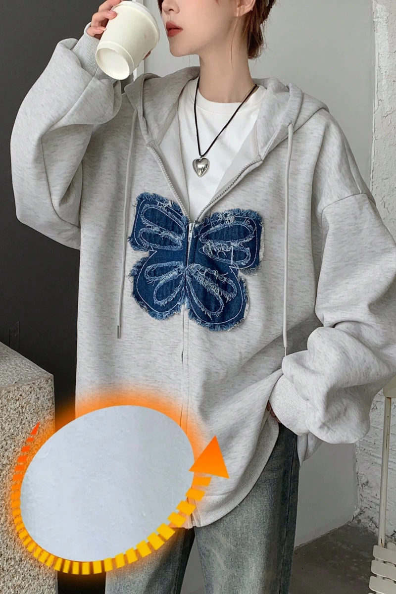 Kadın Yıpranmış Kelebek Detaylı Fermuarlı Kapüşonlu Sweatshirt Model 5160