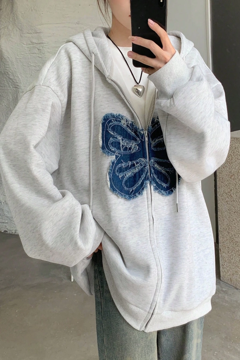 Kadın Yıpranmış Kelebek Detaylı Fermuarlı Kapüşonlu Sweatshirt Model 5160