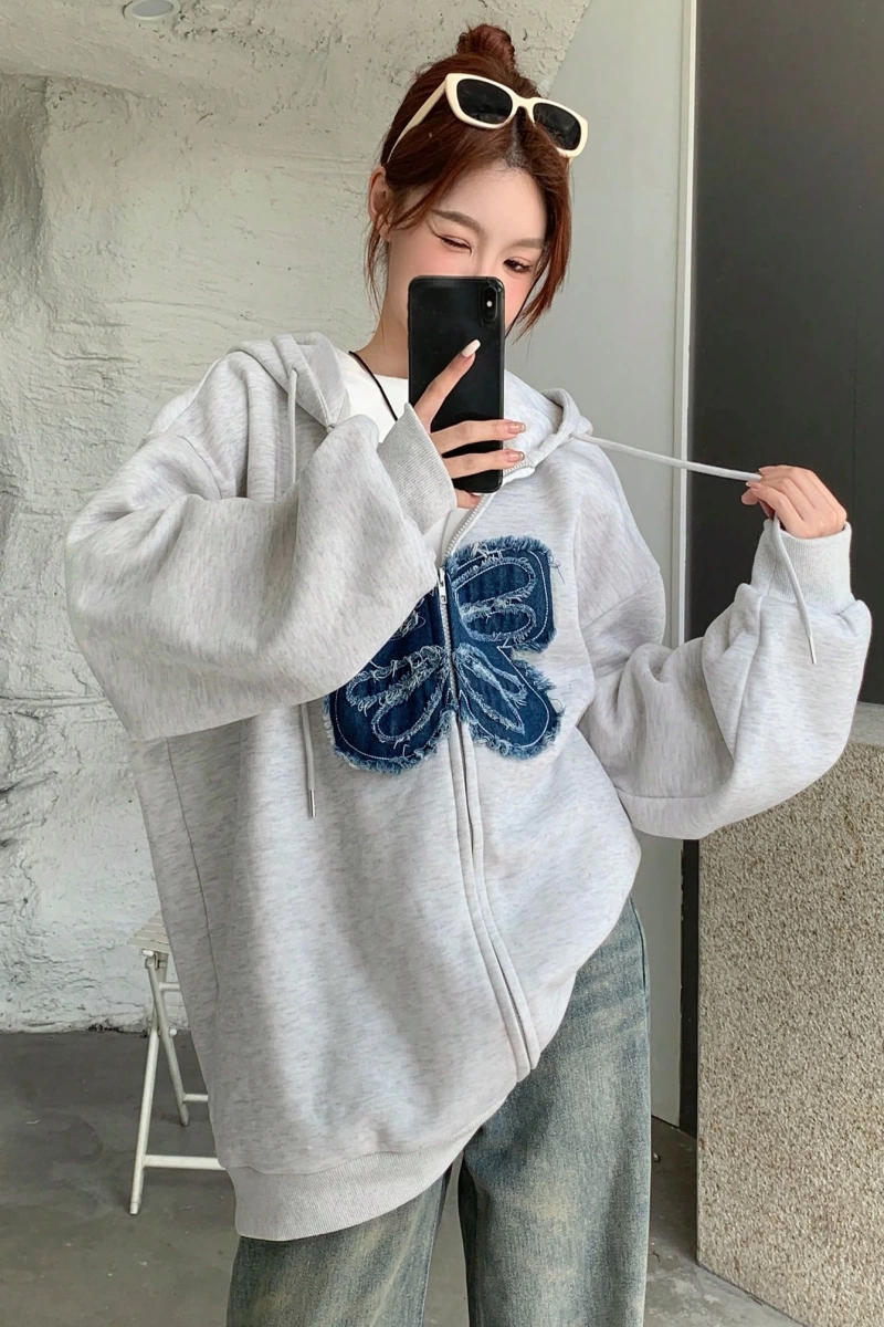 Kadın Yıpranmış Kelebek Detaylı Fermuarlı Kapüşonlu Sweatshirt Model 5160