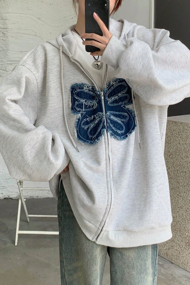 Kadın Yıpranmış Kelebek Detaylı Fermuarlı Kapüşonlu Sweatshirt Model 5160