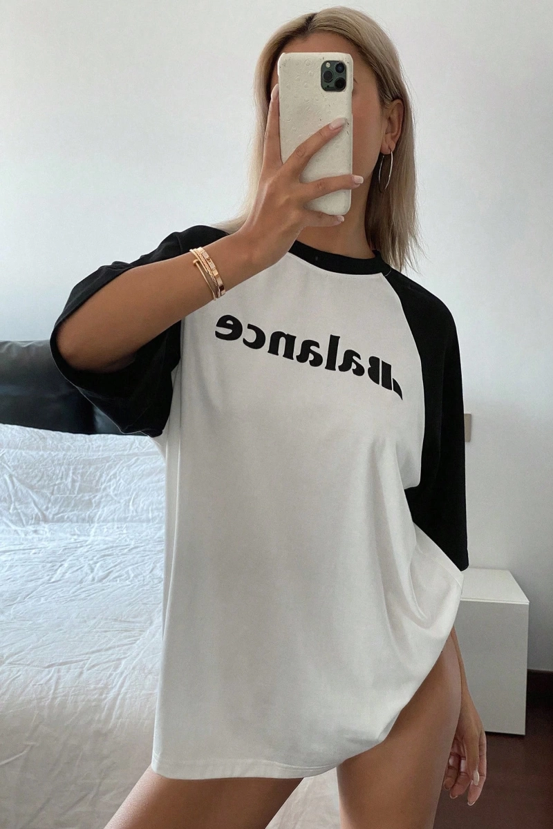 Kadın Yuvarlak Yaka Slogan Baskılı Kısa Kollu Tişört Yaz İçin