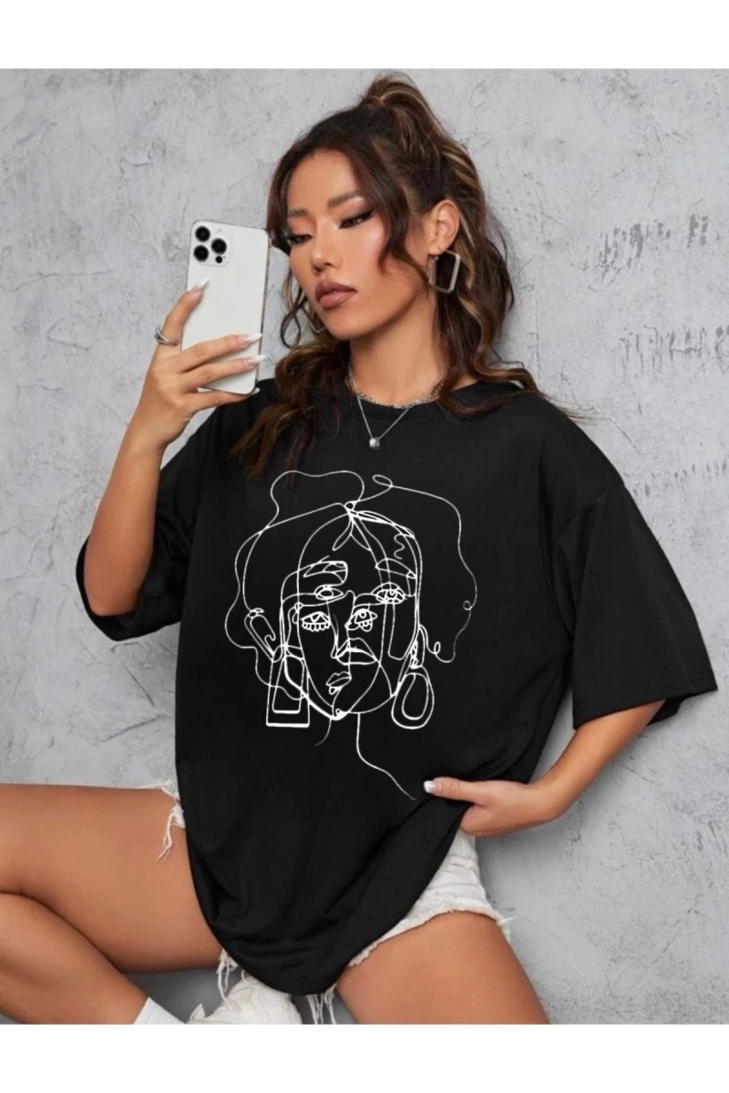 Kadın Yüz Baskı Detaylı Oversize T-shirt