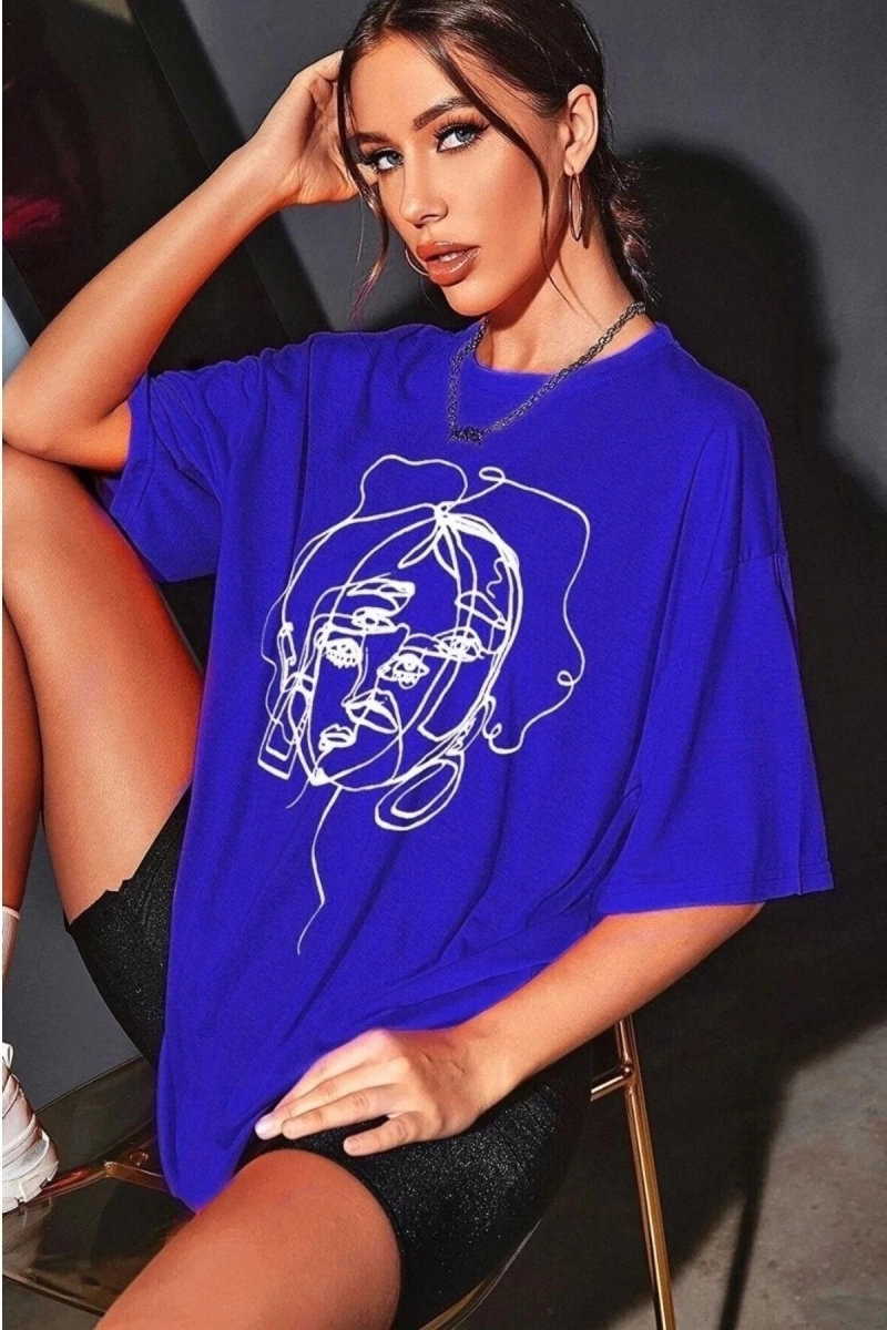 Kadın Yüz Baskı Detaylı Oversize T-shirt