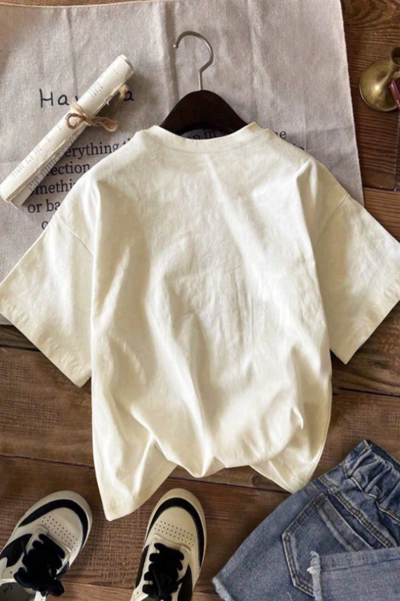 Kadınlar Günlük Mektup Baskılı Yuvarlak Yaka Tişört, Yaz İçin Moda ve Çok Yönlü