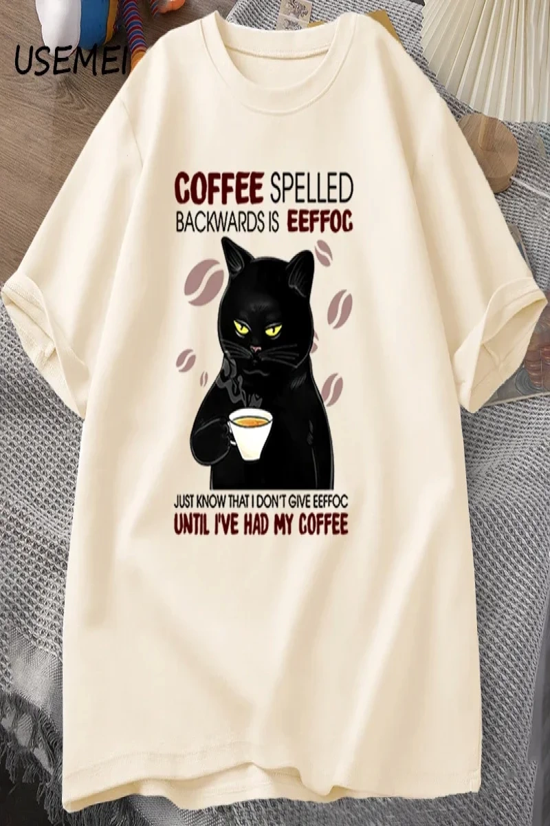Kahve Spelled geriye kedi T-shirt komik sevimli grafik Tees yaz Unisex pamuk ONcek T Shirt bo 2829