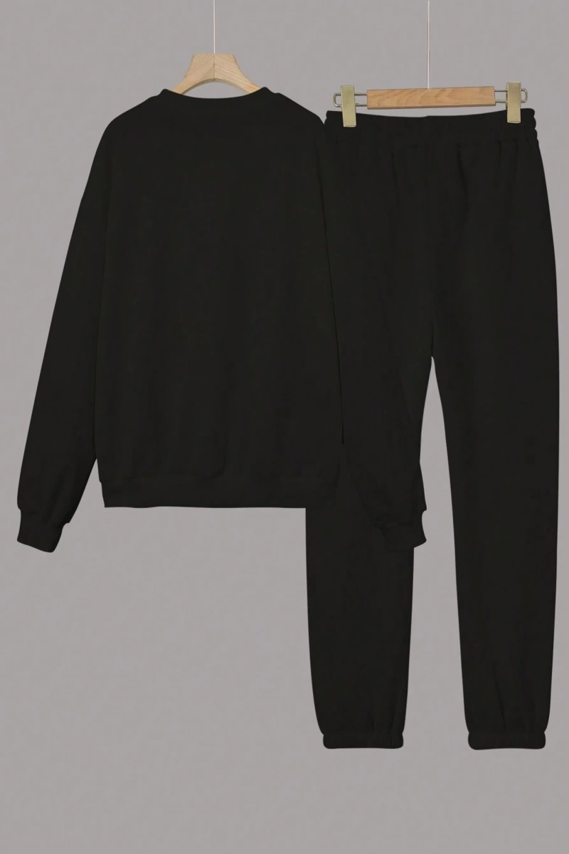 Kapşonlu İki Parça Moda Sıcak Artı Polar Yuvarlak Yaka Sweatshirt + Spor Eşofman Altı Basit H