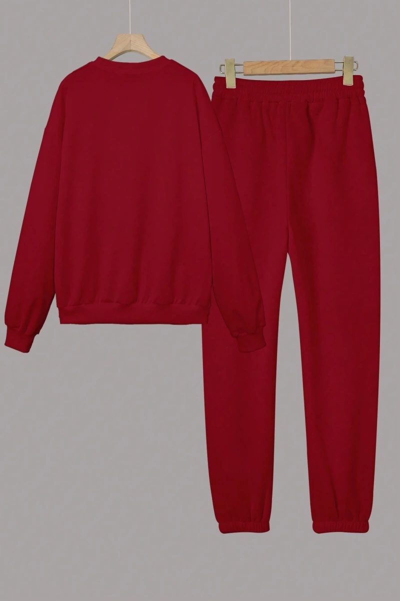 Kapşonlu İki Parça Moda Sıcak Artı Polar Yuvarlak Yaka Sweatshirt + Spor Eşofman Altı Basit H