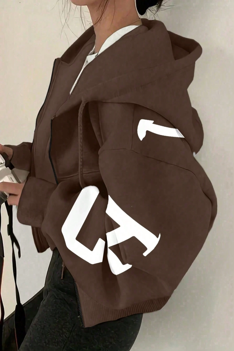 Kapşonlu Sweatshirt Polarlı Sweatshirt, Bol Kesim Kısa Ceket, Sonbahar/Kış, Üç Çeyrek  Model 5133
