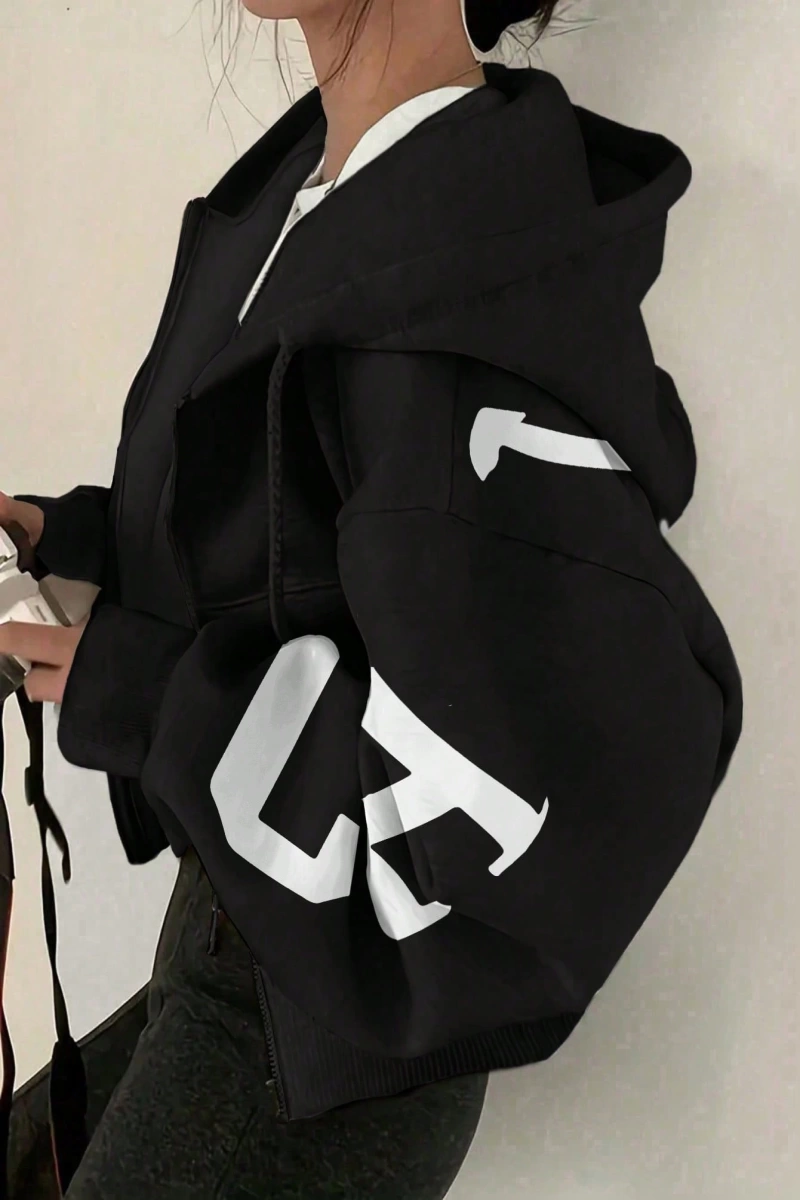 Kapşonlu Sweatshirt Polarlı Sweatshirt, Bol Kesim Kısa Ceket, Sonbahar/Kış, Üç Çeyrek  Model 5133