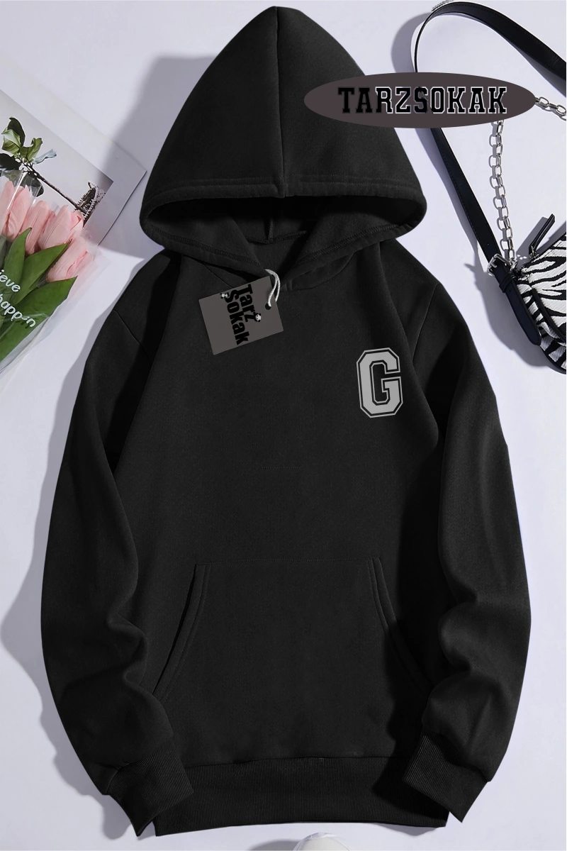 Kapşonlu Sweatshirt Siyah  G HARFİ  İSME Özel Tasarım
