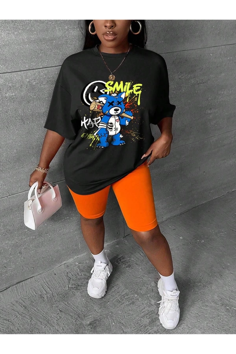 Karikatür ve Grafik tasarım Oversize T-shirt Cartoon/Letter serisi kod123