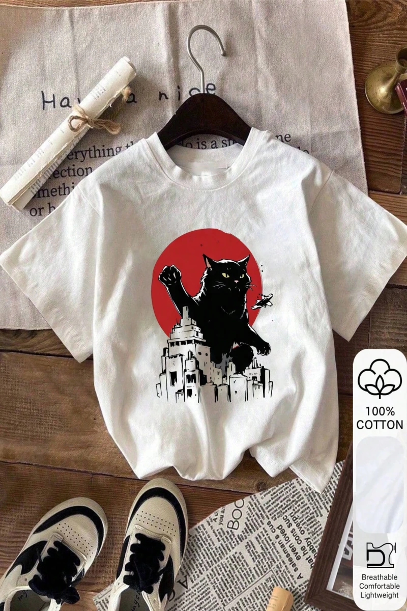 Kedi Baskısı, Yazlık Kadın %100 Pamuklu Kısa Kollu, Beyaz Kısa Kollu, Grafik Tişörtler, Beyaz